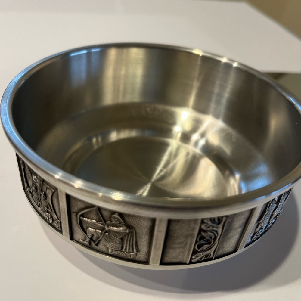 Vintage Pewter Bowl with Intricate Viking Design